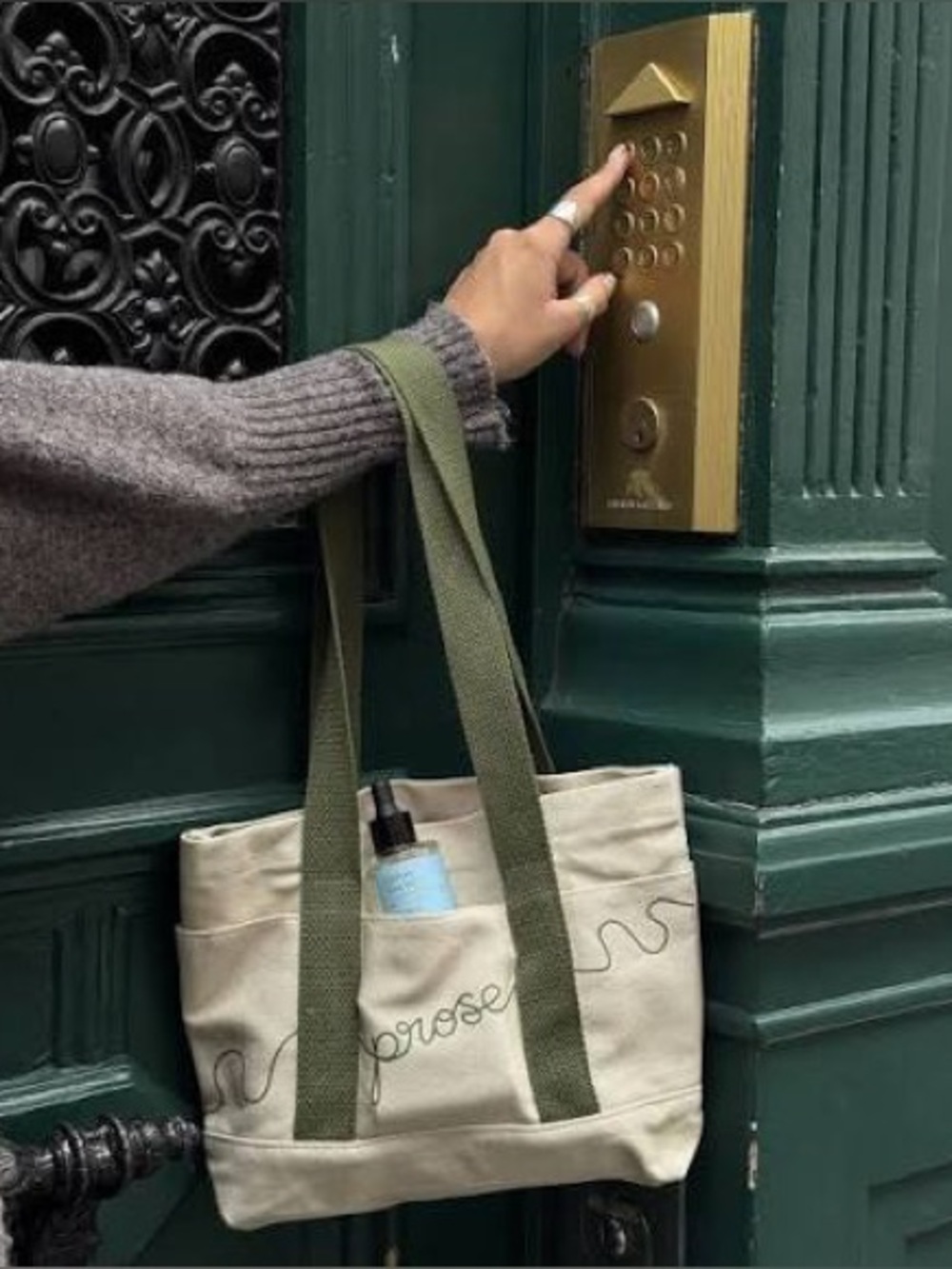 Prose Small Canvas Tote Bag in Cream with Olive Handles (7”x 11”)